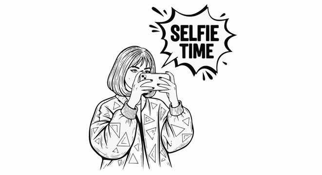 Stylized comic illustration of a young woman taking a self-portrait with her phone