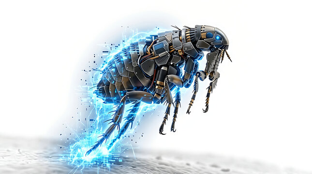 Futuristic mechanical flea with glowing blue energy circuits