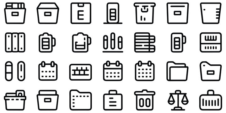 Archive and documentation icons set featuring folders file boxes calendars and business storage tools