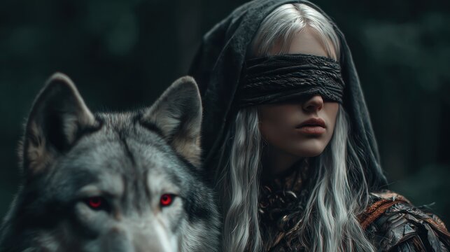 Woman with blindfold and wolf in forest setting conceptual fantasy portraiture