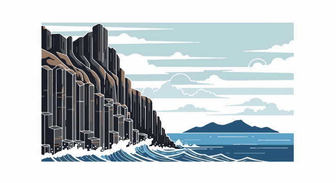 Stylized pixel art of dramatic basalt columns meeting a choppy sea