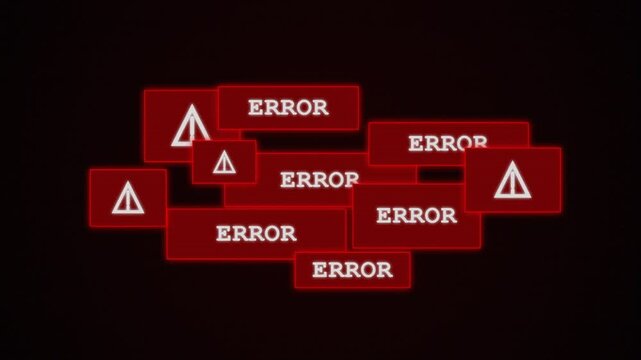 Cyberpunk Digital System Overload with Cascading Red Error Windows and Critical Warning Icons on Dark Background