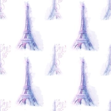 Seamless watercolor Paris background with Eiffel Tower and romantic floral details. Stylish French pattern for textile and scrapbook