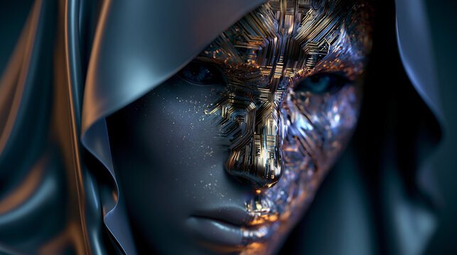 mysterious digital identity with golden circuit face, futuristic hooded cyber avatar with glowing technology, anonymous crypto figure with luminous data network