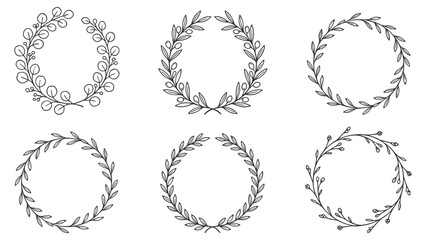Fototapeta premium set of six hand drawn floral wreaths line art vector illustration on transparent background