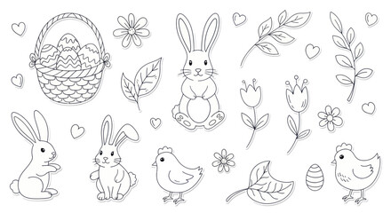Obraz premium Easter Holiday Elements Collection Hand Drawn Outline Style.