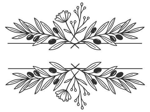 black floral decorative borders with leaves and berries line art drawing on transparent background