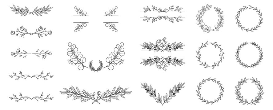 set of black line art floral ornamental borders and wreaths vector illustration on transparent background