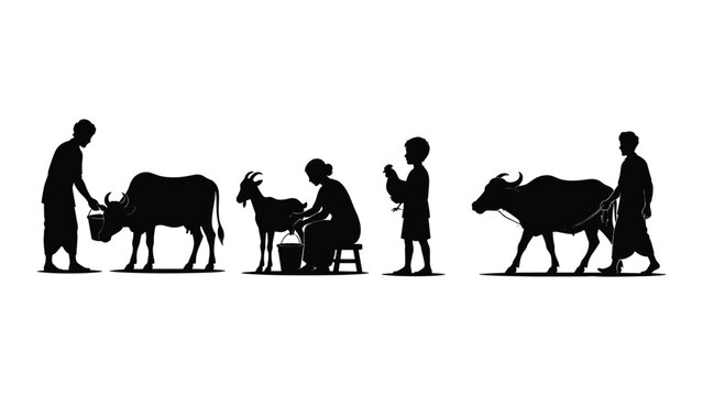 South Asian Rural Village Life Silhouette Vector Set, Indian Farmer Feeding Cow Woman Milking Goat Child with Chicken and Buffalo Black Shapes Isolated on White Background