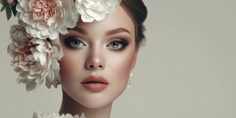 Fototapeta premium Woman with floral headpiece and elegant makeup in a studio portrait