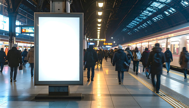 Illuminated blank billboard on a busy train station platform at night, people commuting, advertising space