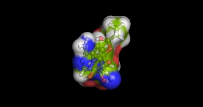 Obeldesivir, antiviral  drug molecule for SARS-COV-2 (COVID) and ebola treatment, 3D molecule spinning, 4K