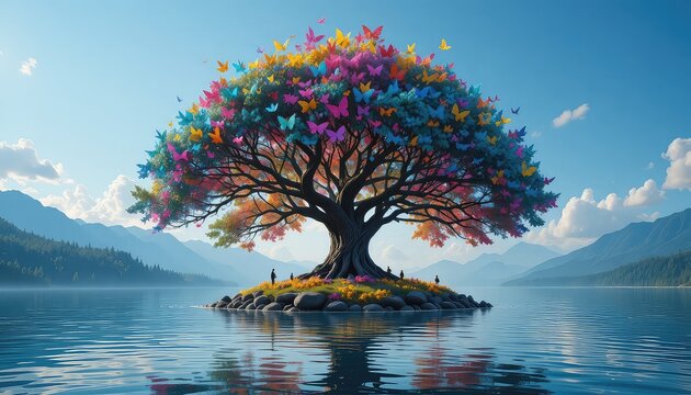 tree whose canopy is formed entirely from thousands of colorful butterfly-shaped leaves, standing alone on a tiny island in a pristine lake,