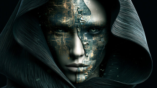 mysterious digital identity with golden circuit face, futuristic hooded cyber avatar with glowing technology, anonymous crypto figure with luminous data network