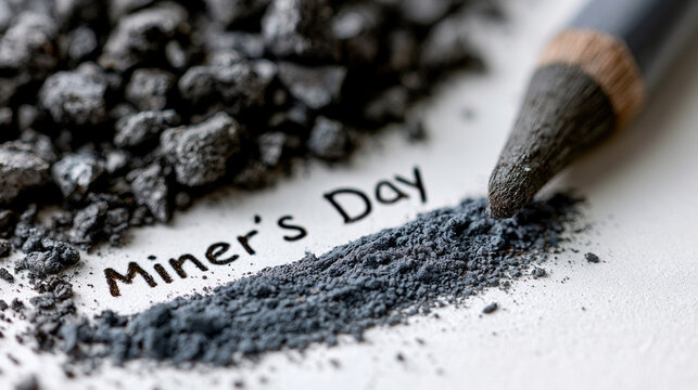 Handwritten text for Miner's Day is artistically presented with a pencil and crushed black coal over a clean white background.