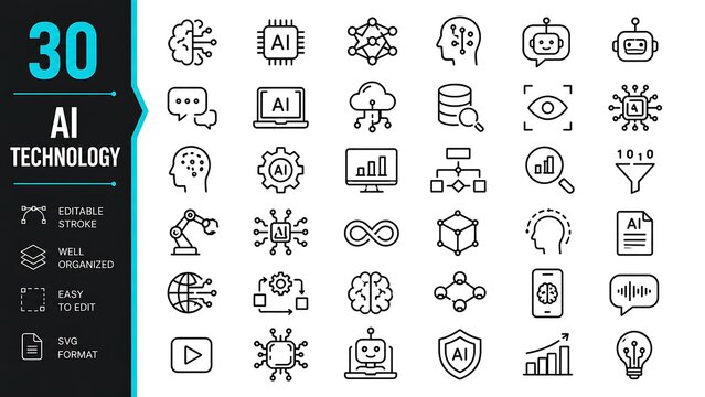 Set of 30 artificial intelligence and machine learning line vector icons
