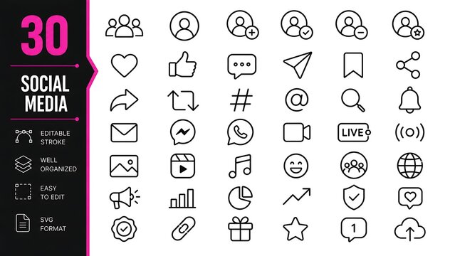 Set of 30 social media and communication line vector icons with communication