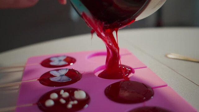 Red liquid pours into colorful chocolate molds. Close-up shot shows vibrant, glossy chocolate being filled. Molds feature decorative elements like flowers and sprinkles