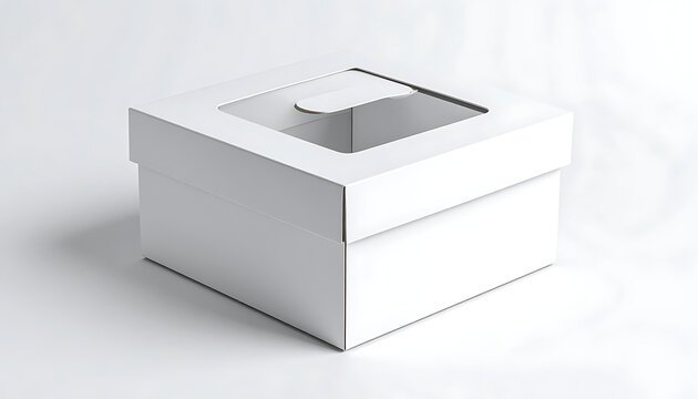 Isolated white square cake box with transparent window lid on a white surface, packaging and delivery container, bakery product box