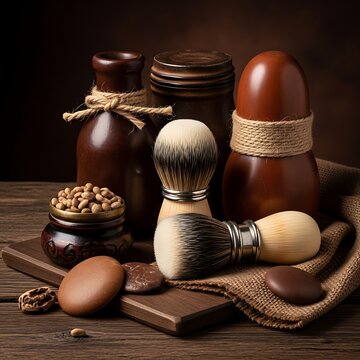 Rustic Shaving Brushes and Brown Grooming Accessories Arranged on Wooden Table