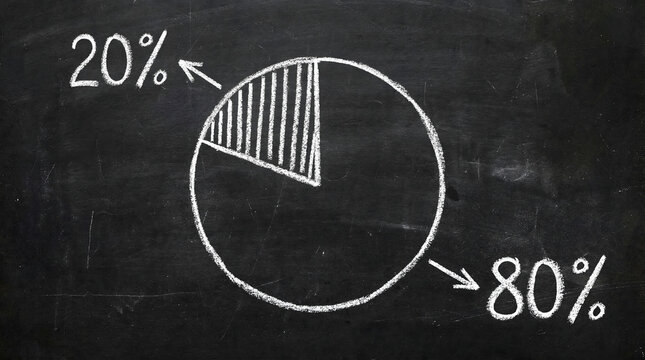 Chalk drawn pie chart on blackboard shows 80 and 20 proportions