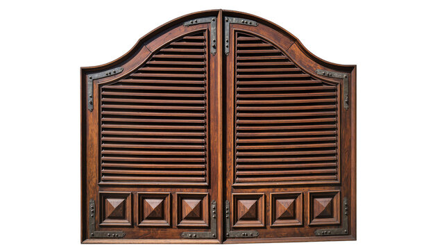 Antique wooden saloon doors with arched top and metal hinges