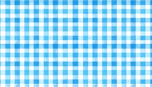 A vibrant, watercolor-style grid pattern of light and dark blue intersecting lines creates a classic gingham effect against a white backdrop