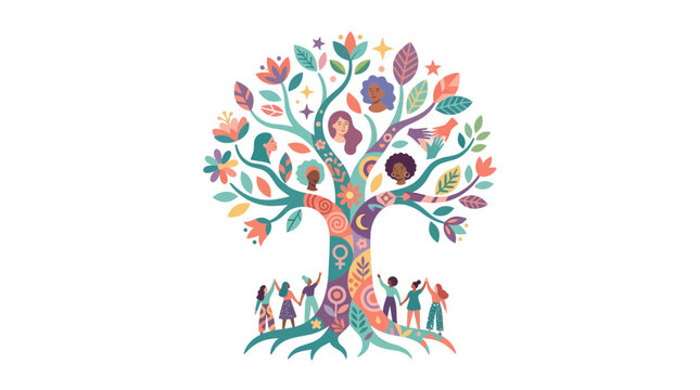 Colorful Tree with Diverse People Celebrating Unity and Nature.