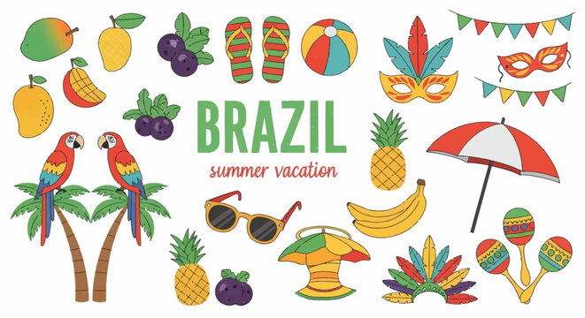 A vibrant collection of tropical vacation and carnival elements, including parrots, fruits, palm trees, masks, and musical instruments.
