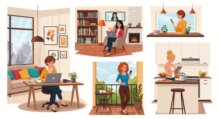 Fototapeta premium A collection of illustrations depicting women working and relaxing in various home settings, showcasing modern lifestyles and remote work.