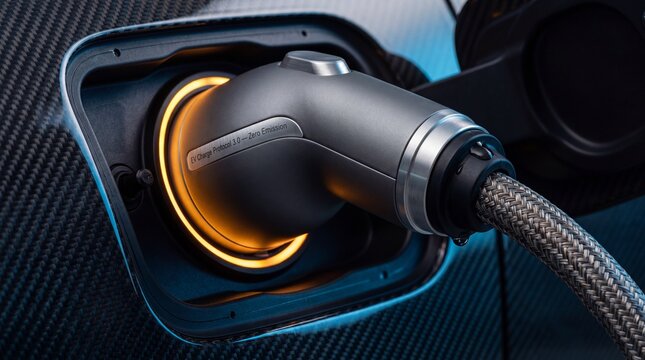 Closeup of an electric vehicle charging plug connected to a car port with a glowing orange light ring and carbon fiber texture