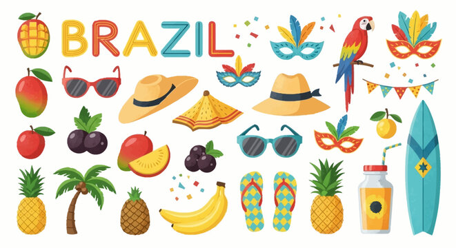 Vibrant collection of Brazilian cultural symbols and tropical elements, including fruits, masks, and beach items.