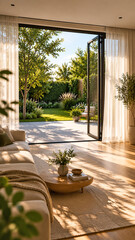 Obraz na płótnie Canvas Sunlit living room with open wood framed doors to garden