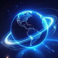 Fototapeta premium Digital Earth with Glowing Blue Orbiting Rings and Starry Background.
