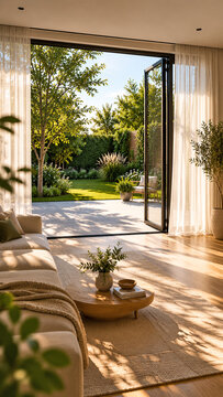 Sunlit living room with open wood framed doors to garden
