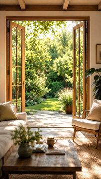 Sunlit living room with open wood framed doors to garden