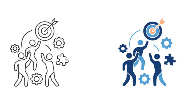 Business team working together to reach common target goal with gears and puzzle pieces vector illustration