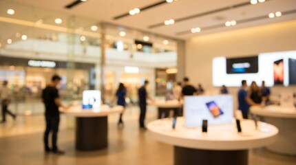 Obraz premium Blurred background of modern retail electronics store with customers browsing technology products on display tables under bright lighting