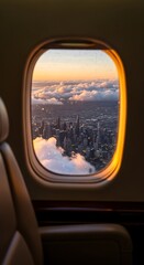 Naklejka premium Airplane Window View of City Skyline Above Clouds at Golden Sunset