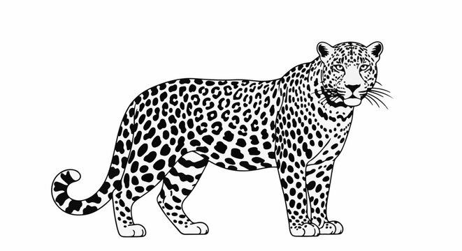 Black and white illustration of a spotted leopard standing