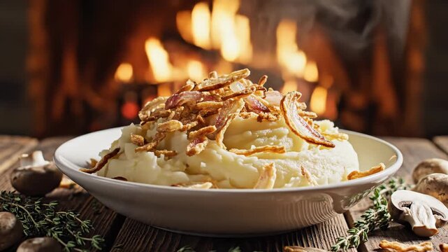 Mashed potatoes with crispy bacon bits on a wooden table by a fireplace 4k video