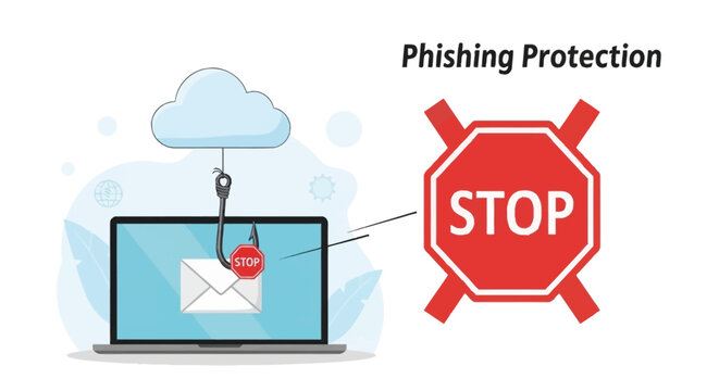 Illustration showing a phishing hook attempting to steal data from a laptop, with a stop sign indicating protection against phishing attacks.