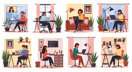 Fototapeta premium A collection of diverse illustrations depicting women working remotely from various home office setups, showcasing different desk arrangements, lighting, and decor.