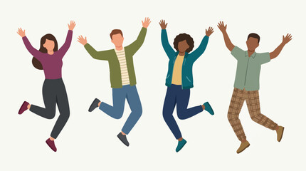 Diverse group of happy people jumping in celebration with arms raised