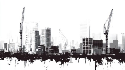 Silhouette cityscape featuring buildings and cranes against a bright, washed-out sky