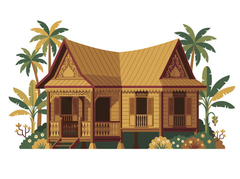 Betawi traditional house vector artwork featuring wooden architecture, tropical vegetation, and cultural heritage of Jakarta in detailed flat style.