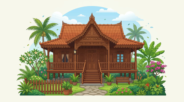 Vector illustration of traditional Betawi Kebaya House featuring coconut trees, banana plants, front yard fence, and tropical garden in clean flat design style.