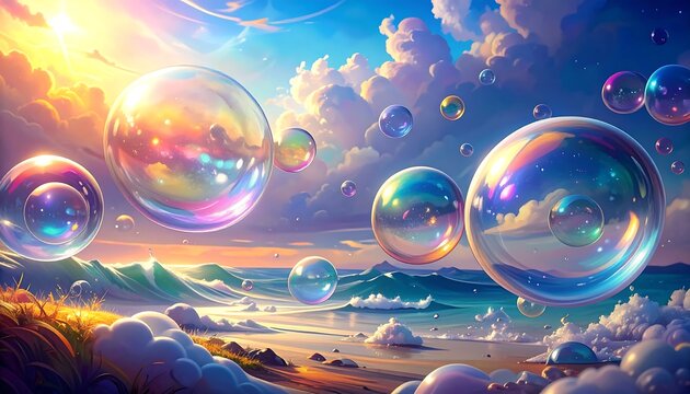A vibrant, whimsical scene features translucent spheres floating above a seascape with foamy waves under a radiant sky