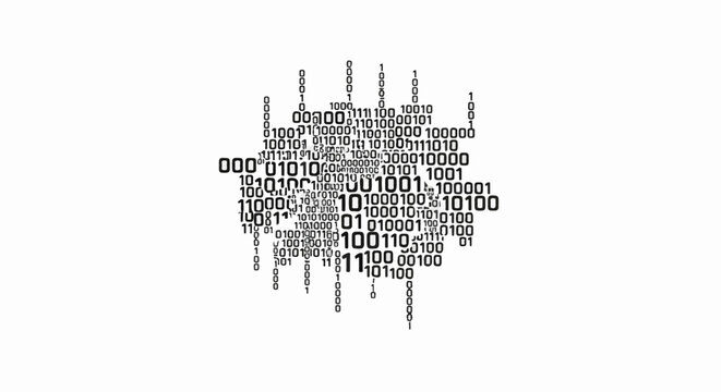 Binary code forms a cloud shape, with numbers cascading downwards