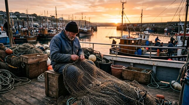Experienced Fisherman Mending Nets at Sunset in a Bustling Harbor.